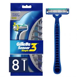 Gillette Sensor3 Simple Men's Disposable Razors 8 Count, Bundle of 2