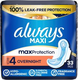 Always Maxi Overnight Pads with Wings for Women 33 Count, Bundle of 3