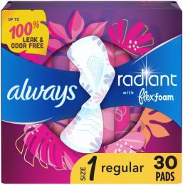 Always Radiant Feminine Pads for Women 30 Count, Bundle of 3
