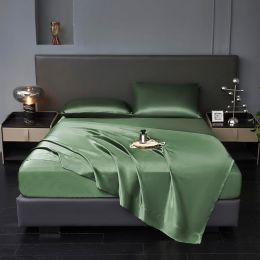 Revdomfly 4 Pcs Full Size Luxury Silky Soft Emerald Green Satin Sheet Set 16 Inches, Bundle of 2