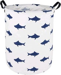 HUAYEE Round Navy Shark Pattern Laundry Hamper Storage Basket Fabric, Bundle of 3