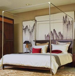 Mengersi Silver Canopy Bed Frame - Full Size Stainless Steel Wood Metal