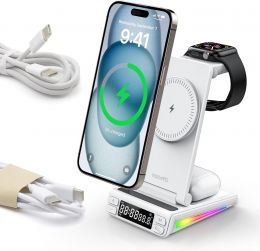 MAIWEIS 5 in 1 Magnetic Wireless Charging Station with LED Clock Temperature & Night Light Wireless Foldable, Bundle of 2