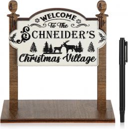 Pinkunn Wooden Christmas Village Sign with Pen Welcome to Wood, Bundle of 3