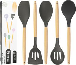 SHUNIKING Non-Stick Silicone Cooking Utensils Set Silicone Wood, Bundle of 3