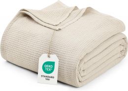 Utopia Bedding Cotton Blend Khaki Waffle Blanket Queen Cotton 90x90 Inches