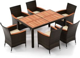 HOMGX Patio Rattan Dining Set Wood 7 Piece