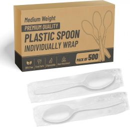 SafeWare Individually Wrapped White Plastic Spoons 500 Pcs- Medium Plastic