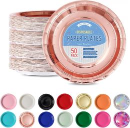 Tyzarglef Rose Gold Disposable Paper Plates 50 Count, 9 Inch, Bundle of 2