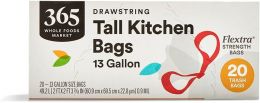 365 by Whole Foods Market Flextra Strength Drawstring Tall Kitchen Trash Bags 20 Count, 13 Gallon, Bundle of 3