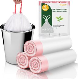 Magesh Small Drawstring Garbage Bags 4 Plastic 60 Count, 4 Gallon, 4 Gal, Bundle of 3