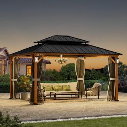 Modern Shade Outdoor Living Spaces Modern Shade The Horizon Hard Top Gazebo 12' x 14' with 4 LED Lights Wood