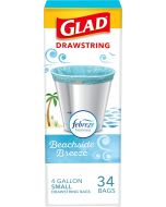 Glad Odorshield Small Drawstring Trash Bags 34 Ct, 4 Gal, Bundle of 4