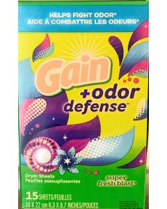 Gain + Odor Defense Super Fresh Blast Dryer Sheets Pack of 1, 15 Count, Bundle of 4