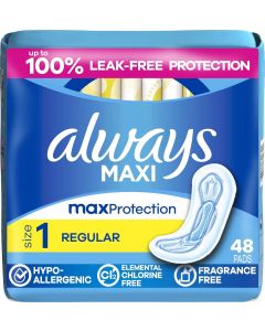 Always Maxi Feminine Pads Without Wings for Women 48 Count, Bundle of 4
