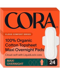 Cora 100% Organic Cotton Topsheet Pads Maxi Overnight Pads Cotton 24 Count, Bundle of 2