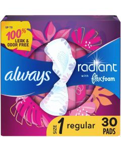 Always Radiant Feminine Pads for Women 30 Count, Bundle of 3