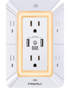 POWRUI Multi Plug 6 Outlet Surge Protector Extender with 3 USB Ports (1 USB C) and Night Light, Bundle of 3