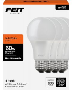 Feit Electric A19 LED Light Bulbs Electric 4 Pack, Bundle of 4