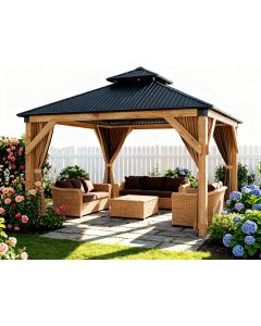 MilleLoom 10x12 FT Hardtop Wooden Gazebo with Galvanized Steel Aluminum Wood 10x12