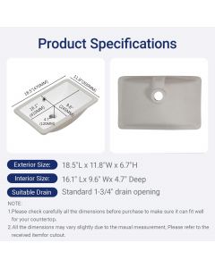 kjineaten 18 Inch Small Rectangle Undermount Bathroom Sink Vessel Ceramic 18 Inch