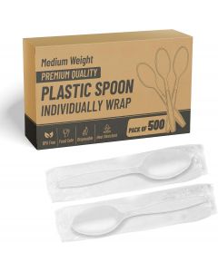 SafeWare Individually Wrapped White Plastic Spoons 500 Pcs- Medium Plastic