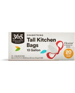365 by Whole Foods Market Flextra Strength Drawstring Tall Kitchen Trash Bags 20 Count, 13 Gallon, Bundle of 3
