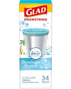 Glad Odorshield Small Drawstring Trash Bags 34 Ct, 4 Gal, Bundle of 4