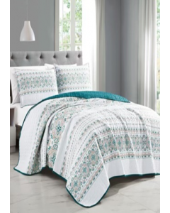 Quilt 3pc printed teal/wht QN (Each)