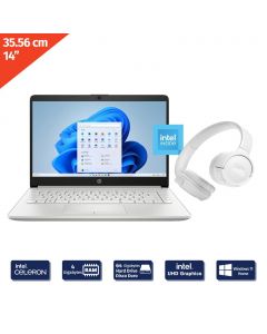 HP 35.6 cm / 14” Intel Celeron N4120 Laptop 4 Gigabytes / 64 Gigabytes with JBL White Wireless Headphones T520