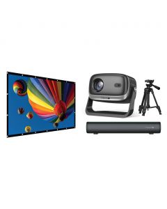 Fugoo Home Theater Projector with Soundbar, Projection Screen and Travel Case